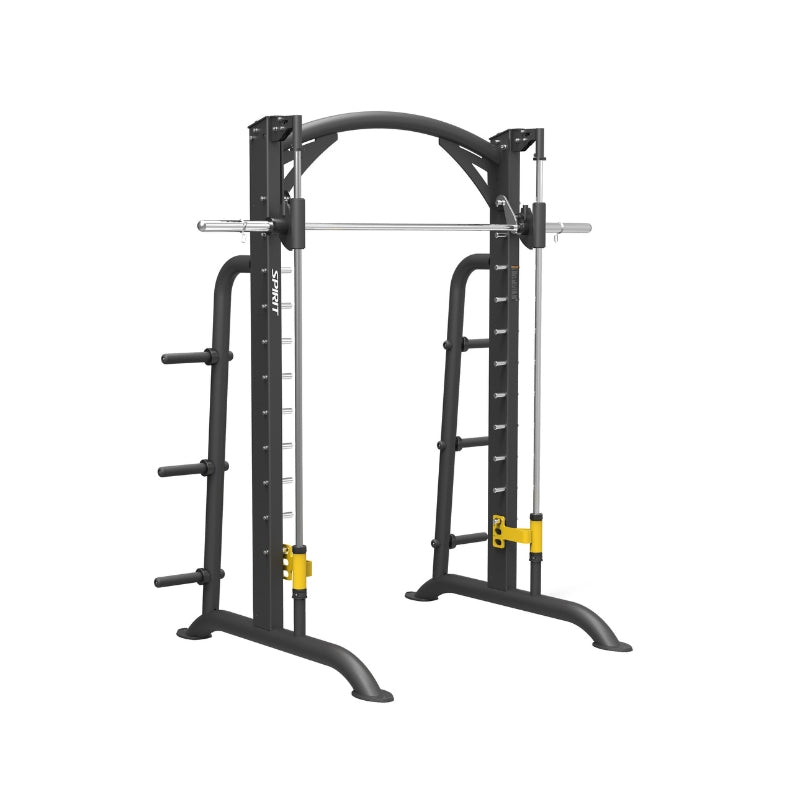 Black fitness power rack with yellow accents on a white background