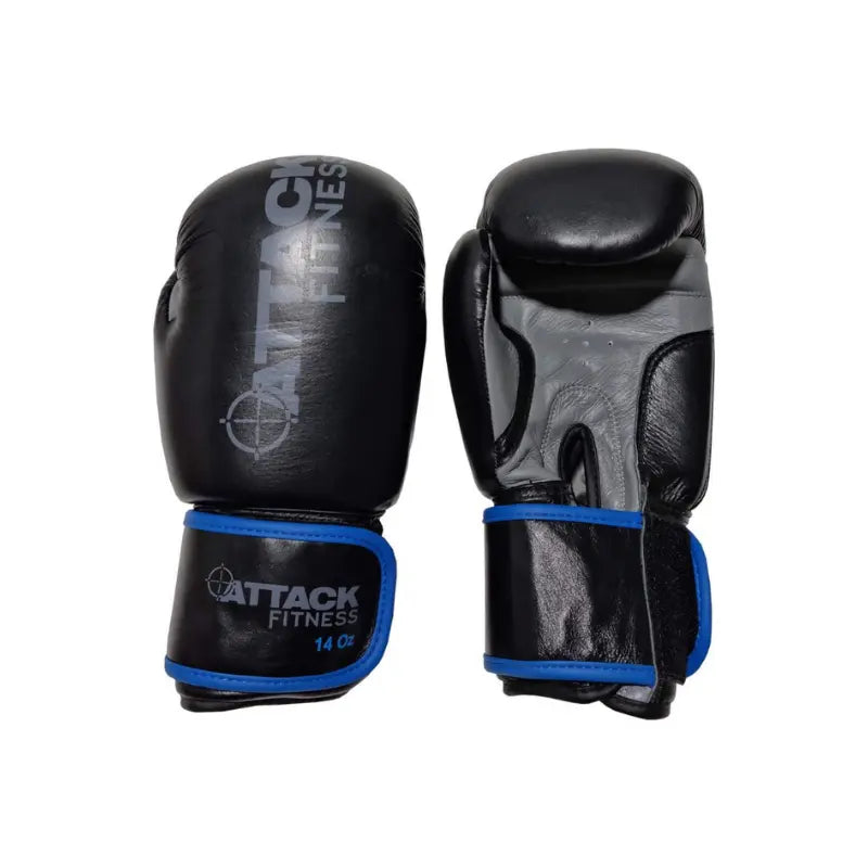 A pair of black ATTACK Fitness - Boxing Gloves Leather, 12 Oz, with red trim, shown with one gloves top and the others palm visible—ideal for sparring or training.