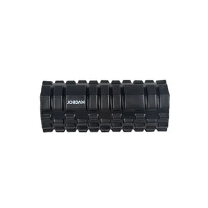 The Jordan Medium-Density Massage Roller – Everyday Foam Roller features a textured black, grid-like surface with Jordan printed in white, perfect for daily recovery and muscle relief. Pictured horizontally on a white background.