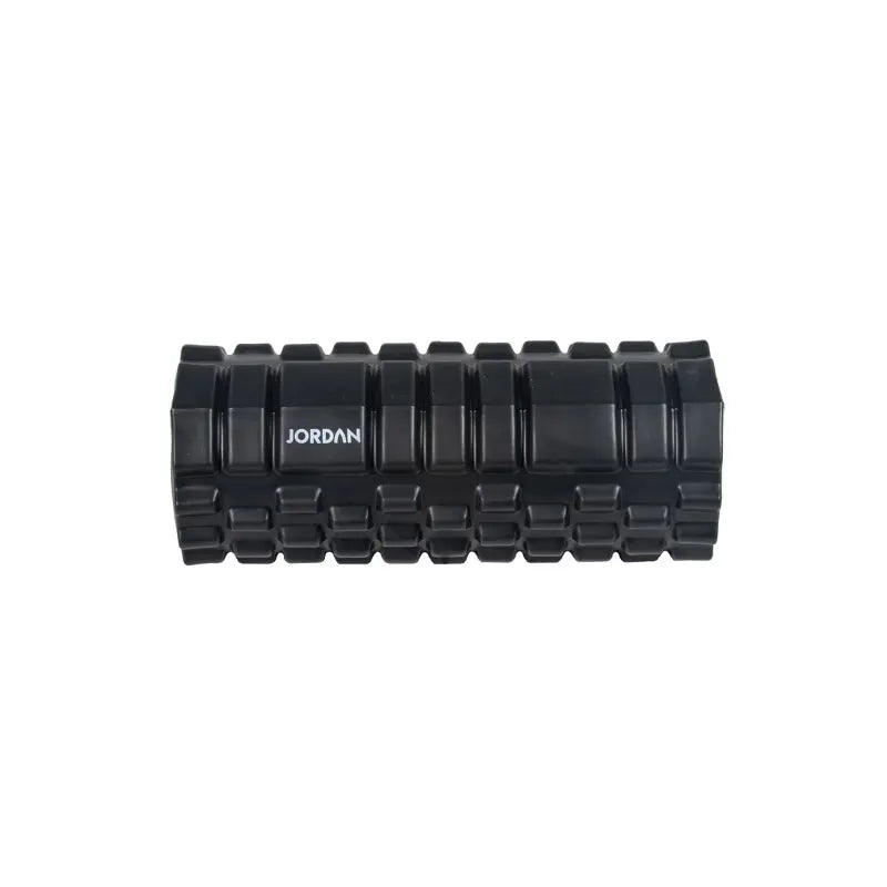 The Jordan Medium-Density Massage Roller – Everyday Foam Roller features a textured black, grid-like surface with Jordan printed in white, perfect for daily recovery and muscle relief. Pictured horizontally on a white background.