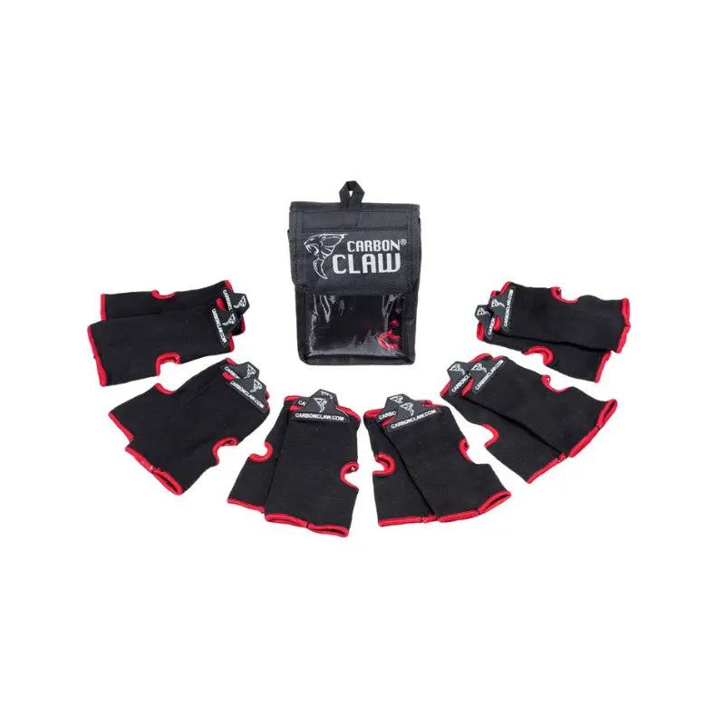 The Carbon Claw Aero AX-5 Inner Mitts x 6 set includes six pairs of red mitts with black trim and labels, arranged around a branded carry pouch—perfect for keeping your inner mitts organized with your boxing gloves.