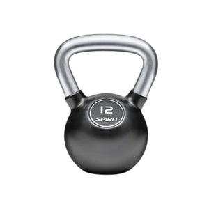 Black kettlebell with a silver handle and '12' marking on a white background