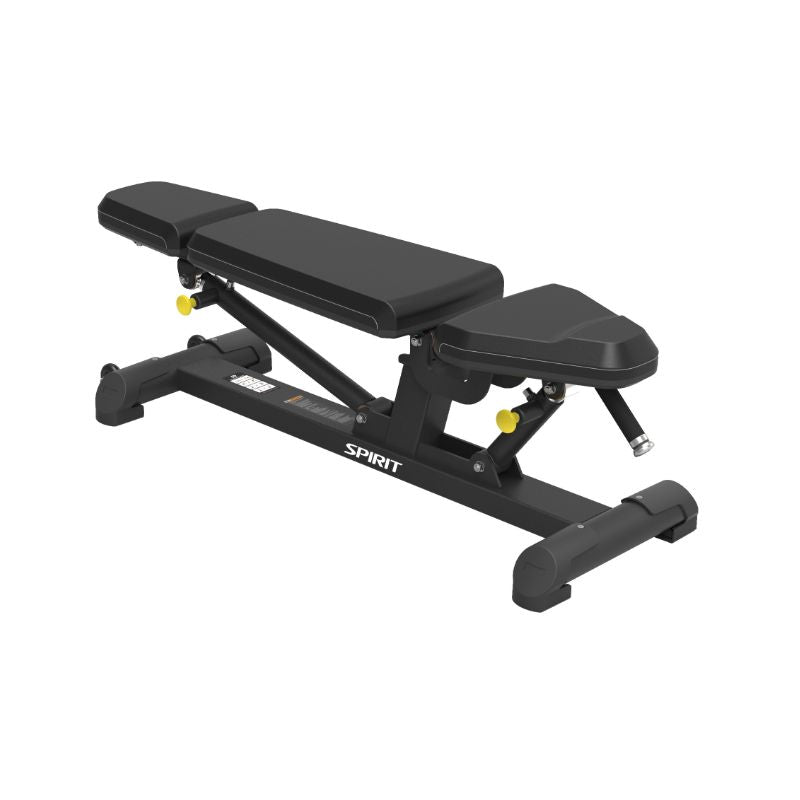 Black adjustable weight bench with 'Spirit' branding on a white background