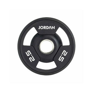 A black JORDAN Urethane Tri-Grip Weight Plate features three grip holes, JORDAN at the top, and 25 twice in white text, showing a 25kg weight. Part of the Jordan Urethane Tri-Grip Weight Plates collection.