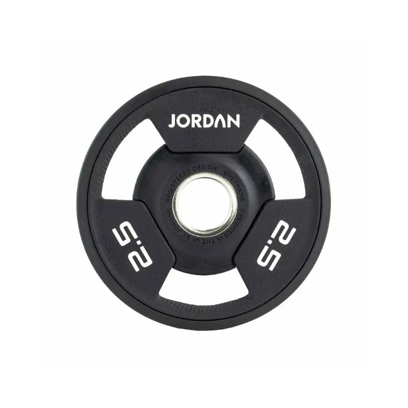 A black JORDAN Urethane Tri-Grip Weight Plate features three grip holes, JORDAN at the top, and 25 twice in white text, showing a 25kg weight. Part of the Jordan Urethane Tri-Grip Weight Plates collection.