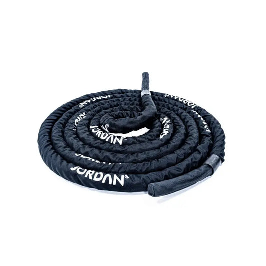 The JORDAN Battle Ropes – Heavy-Duty Functional Training Ropes (10m & 15m) by Jordan feature a coiled black design with JORDAN in white, a smooth protective cover, and a nozzle end—perfect for tough functional workouts.