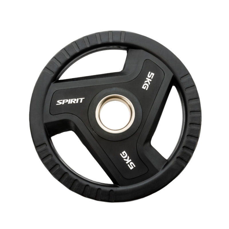 Black weight plate with 'Spirit' branding on a white background