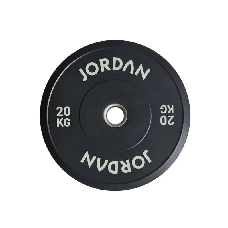 A 5kg JORDAN Rubber Bumper Plate, high-drop tested Olympic weight plate, black with “Jordan” in white lettering around the center hole, shown on a white background.