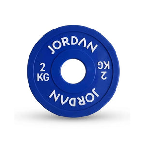 The Jordan Urethane Fractional Change Plate Set features colour-coded Olympic weight plates (0.5kg–2.5kg), including a red 2.5kg plate—ideal for micro-loading and easy weight identification on your barbell. Displayed on a white background.
