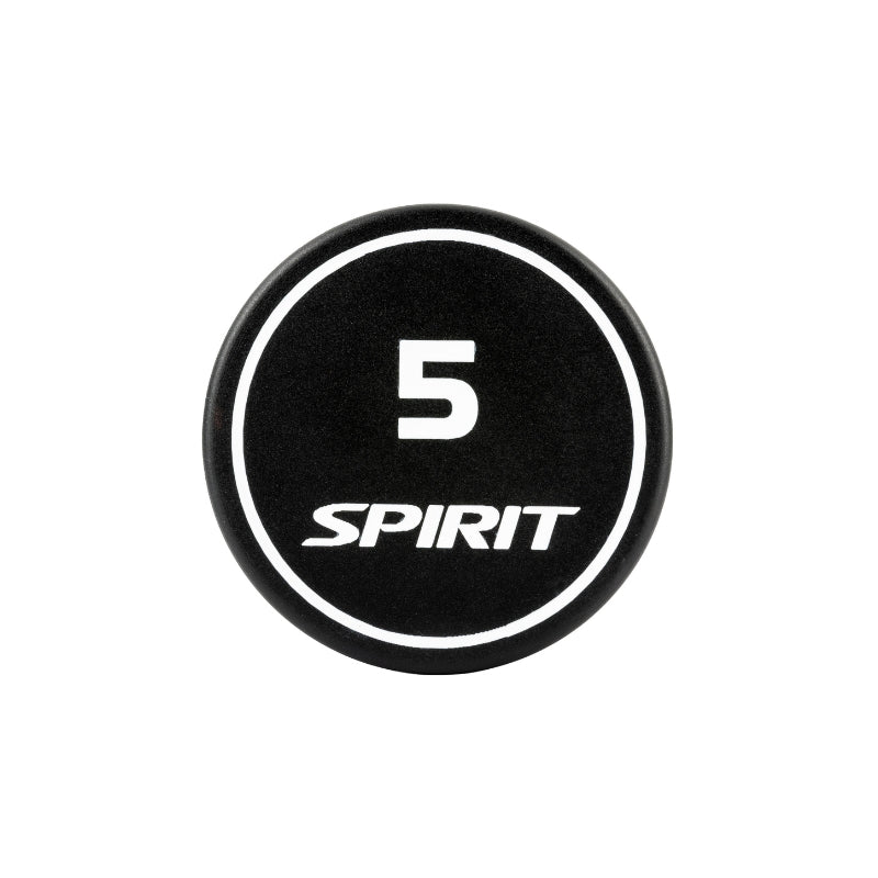 Black dumbbell with '5 Spirit' text on a white background