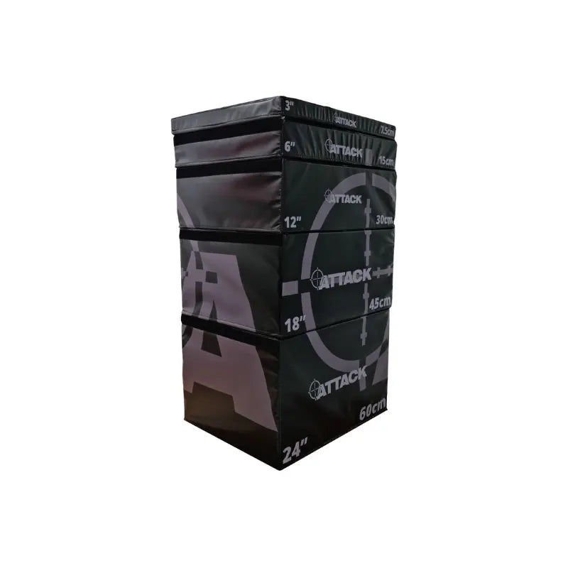 The Attack Fitness Soft Plyometric Platform – 5 Box Set features black and gray stackable boxes with white measurements (7.5cm–60cm), target graphics, and Attack branding—perfect for explosive training routines.