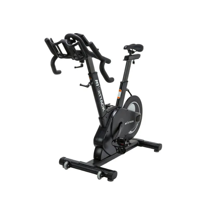The Attack Fitness M1 Magnetic Studio Bike by Attack Fitness is a black belt-driven indoor cycle with console, featuring an adjustable seat, handlebars, and large flywheel—ideal for indoor cycling workouts against a white background.