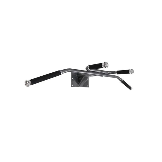 The JORDAN Premium Chin-Up Bar by Jordan is a wall-mounted, black pull-up bar with multiple grip positions and padded handles, ideal for upper body workouts at home or in the gym. Secure metal construction with mounting plate ensures stability.