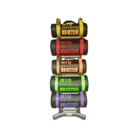 MYO Strength Sandbag Rack – 5-Tier Storage for Sandbags & Slam Balls (Silver)