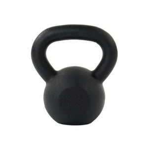 The Attack Fitness Cast Iron Kettlebell (12kg), shown in black with the weight engraved on the front, is perfect for home gym strength training.