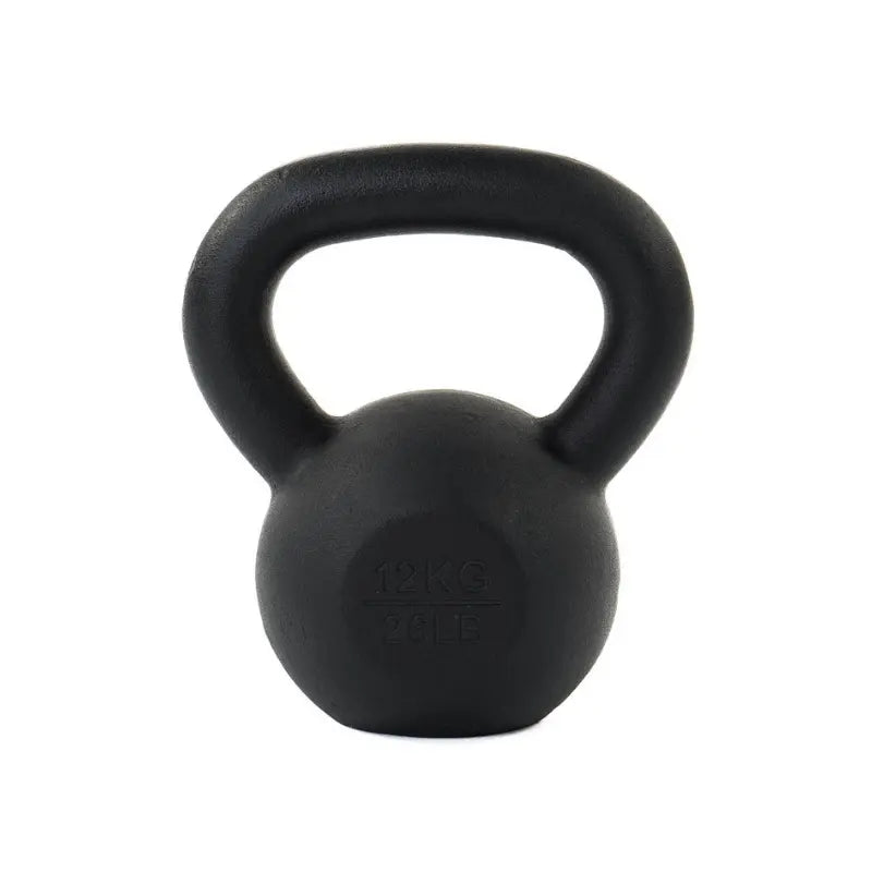 The Attack Fitness Cast Iron Kettlebell (12kg), shown in black with the weight engraved on the front, is perfect for home gym strength training.