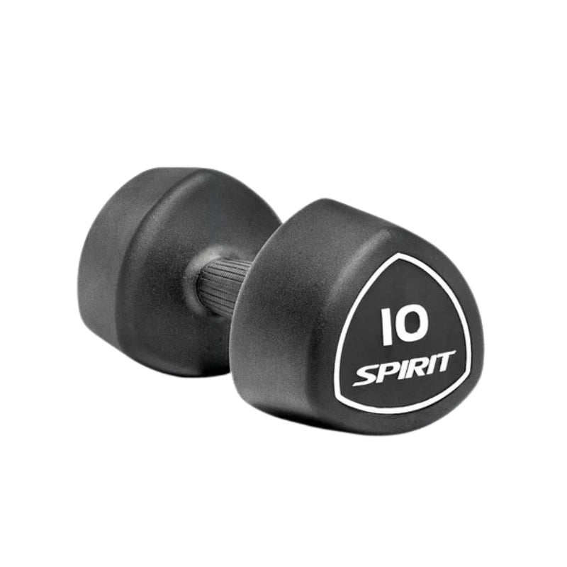 Black dumbbell with '10' and 'Spirit' branding on a white background