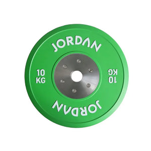 A green 10kg JORDAN Olympic Competition Calibrated Weight Plate (IWF Standard) features Jordan in white twice on the edge and a metal center ring.