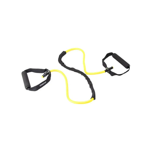 The JORDAN Resistance Tubes by Jordan, colour-coded for resistance levels, feature black foam handles and are designed for strength training and full-body workouts, shown here in pink against a white background.