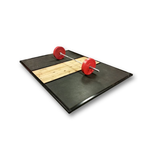 The MYO Strength Olympic Lifting Platform – With Oak Centre & Rubber Crumb Sides is shown from a low angle against a white background, highlighting its oak center and shock-absorbing rubber crumb sides.