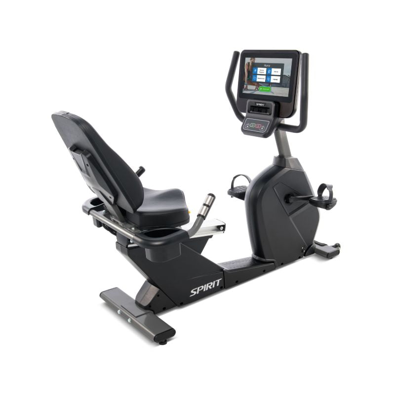 Recumbent bike with digital display on a white background