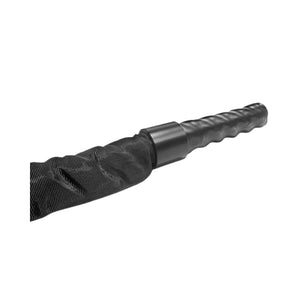 Close-up of a black, textured handle with a ribbed grip, possibly part of a fitness or exercise equipment like a battle rope, set against a plain white background.