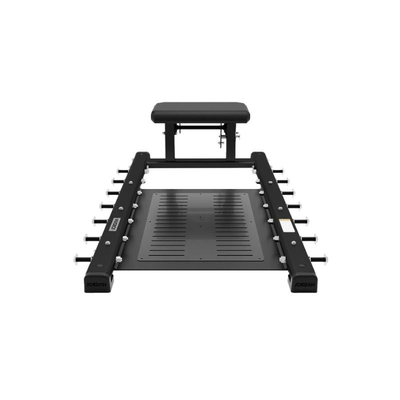 The JORDAN Glute / Hip Thrust Bench by Jordan is a commercial gym equipment bench in black, featuring a padded seat and adjustable barbell supports. Seen from the front against a white background, it’s also ideal for glute thrust exercises.
