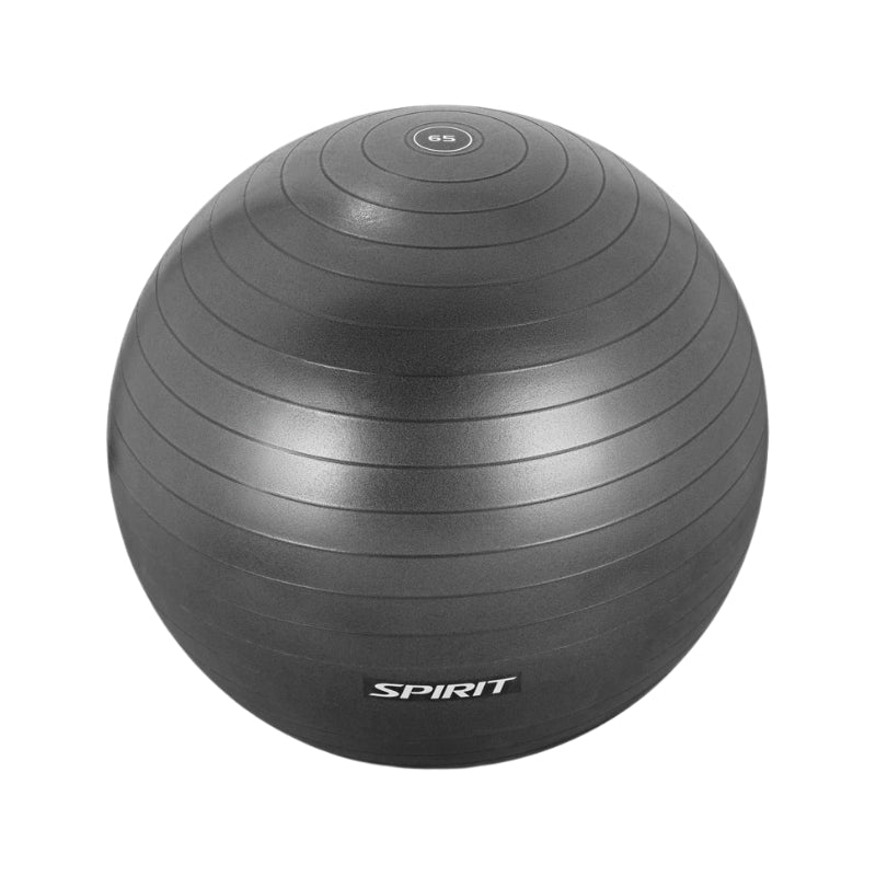 A black exercise stability ball with circular grooves, labeled "SPIRIT" and "65" near the top, placed on a white background.