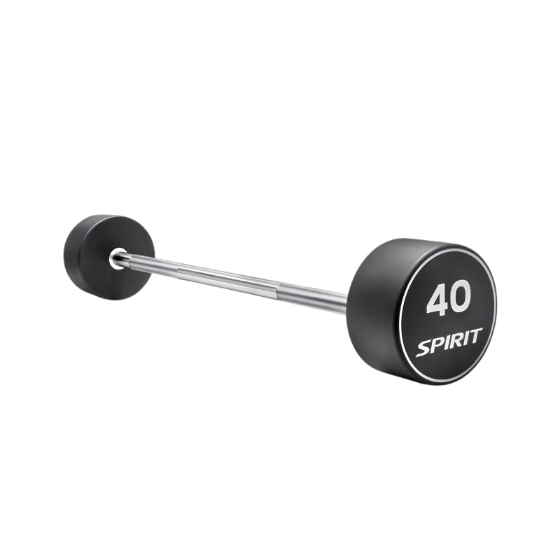 Barbell with black dumbbell ends labeled '40' and 'Spirit' on a white background