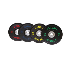 The JORDAN Urethane Olympic Competition Plate by Jordan is a black plate with coloured "JORDAN" lettering, featuring competition-grade accuracy and a silver centre hole for barbell mounting.