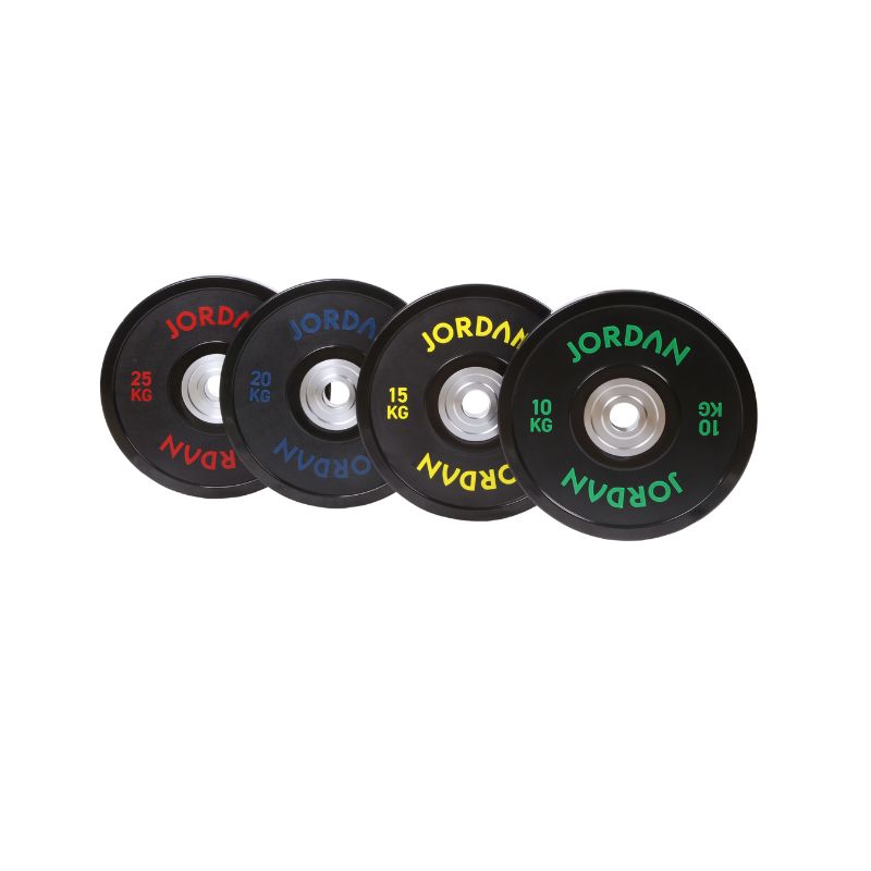 The JORDAN Urethane Olympic Competition Plate by Jordan is a black plate with coloured "JORDAN" lettering, featuring competition-grade accuracy and a silver centre hole for barbell mounting.