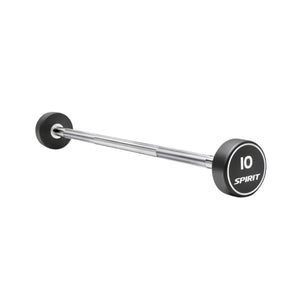 Barbell with black weight plates labeled '10' and 'Spirit' on a white background