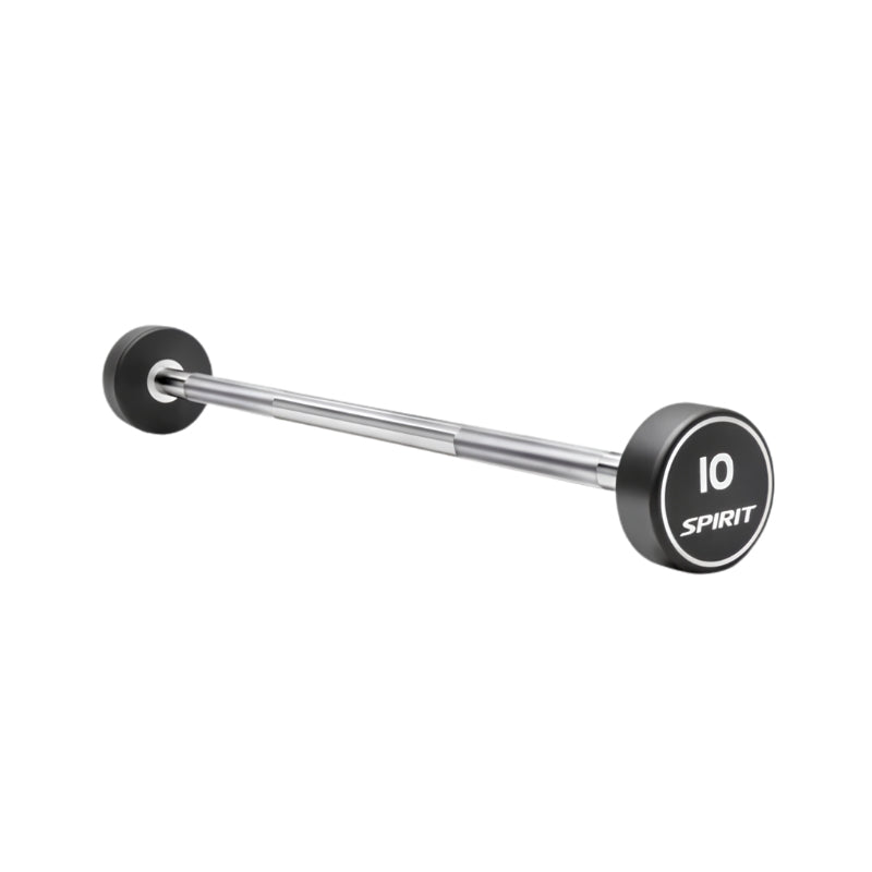 Barbell with black weight plates labeled '10' and 'Spirit' on a white background