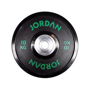 The JORDAN Urethane Olympic Competition Plate by Jordan is a black plate with green "JORDAN" lettering and "10 KG," featuring competition-grade accuracy and a silver center hole for barbell mounting.
