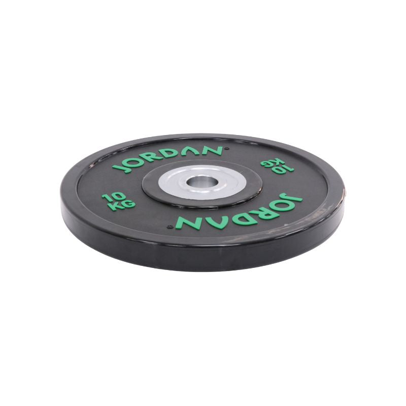 The JORDAN Urethane Olympic Competition Plate by Jordan is a black plate with green "JORDAN" lettering and "10 KG," featuring competition-grade accuracy and a silver centre hole for barbell mounting.