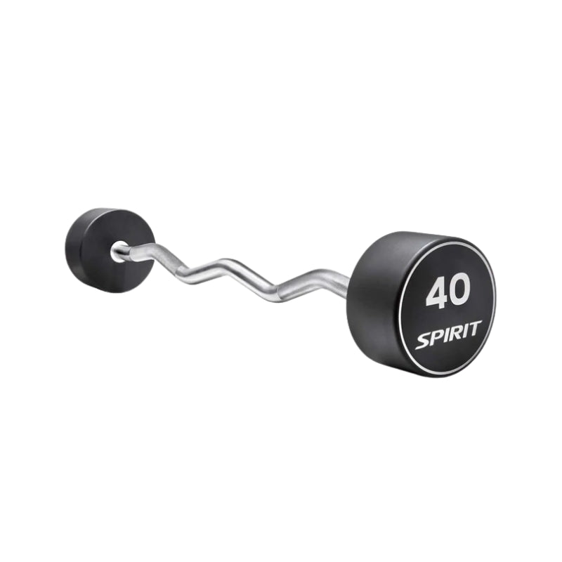 Curl bar with weights on a white background, featuring the Spirit brand.
