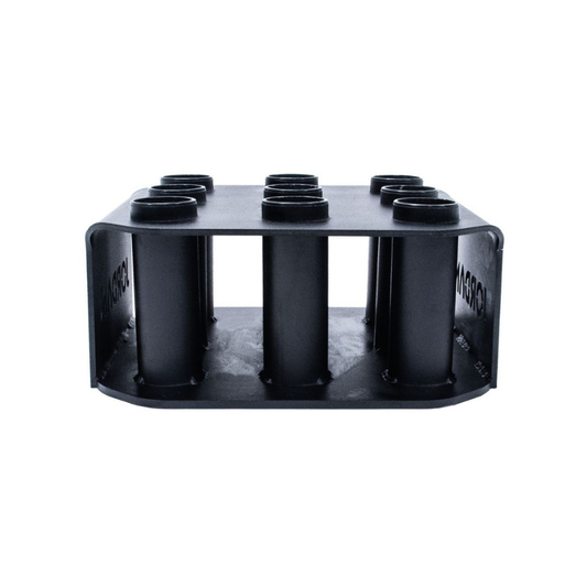 The JORDAN Olympic Bar Holder by Jordan is a black, rectangular rack with nine vertical slots for organizing Olympic bars upright, featuring the brand name cut out on the side.
