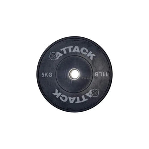 The ATTACK Strength Olympic solid rubber black bumper plate by Attack Fitness features ATTACK with an anarchy symbol for the A, marked 5 KG and 11 LB. Its ideal for weightlifting and strength training with a silver center.