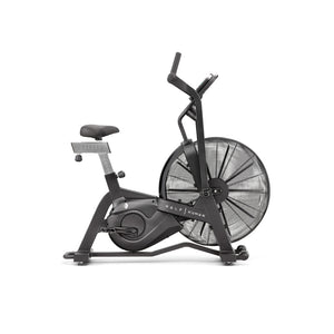 A black stationary air bike with a large front fan, adjustable seat, and moving handlebars, designed for indoor exercise and cardio workouts.