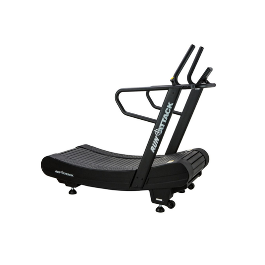 The Attack Fitness Run Attack Self-Powered Curved Treadmill, designed for HIIT, endurance, and sprint training, features a black frame and handlebars and is displayed against a plain white background.