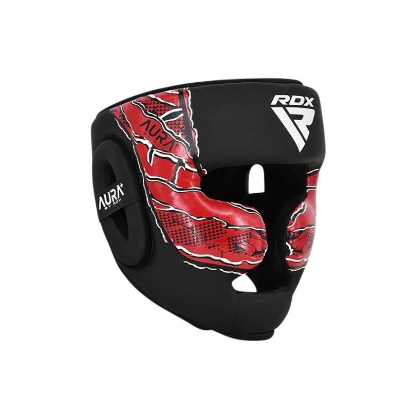 Black and red RDX Fury boxing headgear with a textured red and black pattern on the cheek protector, shown on a white background.