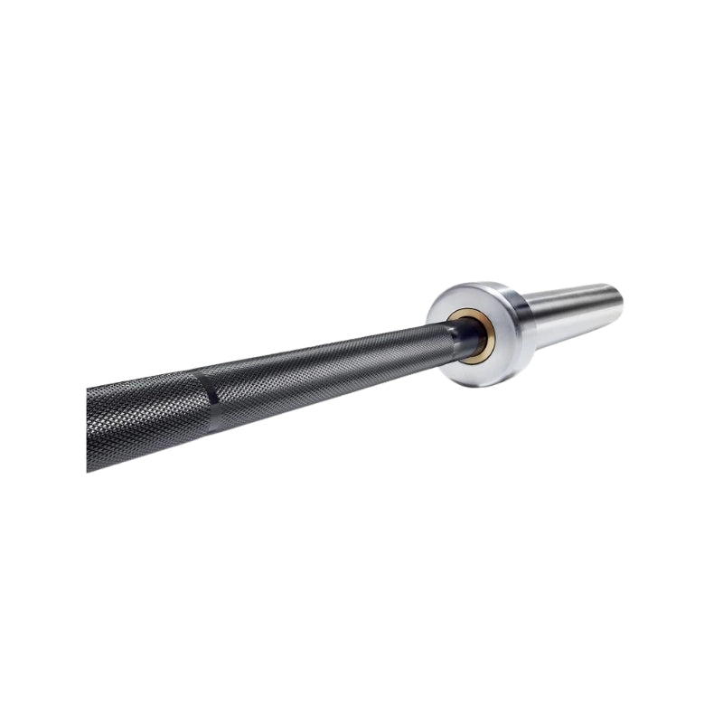 A close-up view of one end of a black textured barbell with a silver sleeve, commonly used for weightlifting or strength training, against a white background.