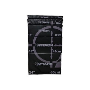 The Attack Fitness Soft Plyometric Platform – 5 Box Set features black and gray stackable boxes with white measurements (7.5cm–60cm), target graphics, and Attack branding—perfect for explosive training routines.