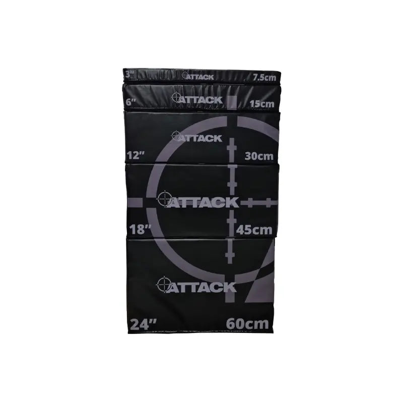 The Attack Fitness Soft Plyometric Platform – 5 Box Set features black and gray stackable boxes with white measurements (7.5cm–60cm), target graphics, and Attack branding—perfect for explosive training routines.