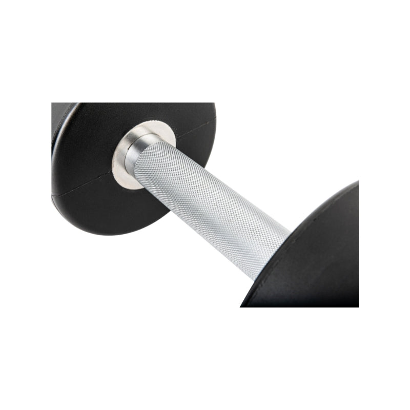 Close-up of a dumbbell with black ends and silver grip on a white background