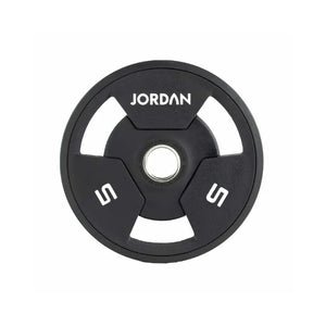 A black JORDAN Urethane Tri-Grip Weight Plate features three grip holes, JORDAN at the top, and 25 twice in white text, showing a 25kg weight. Part of the Jordan Urethane Tri-Grip Weight Plates collection.