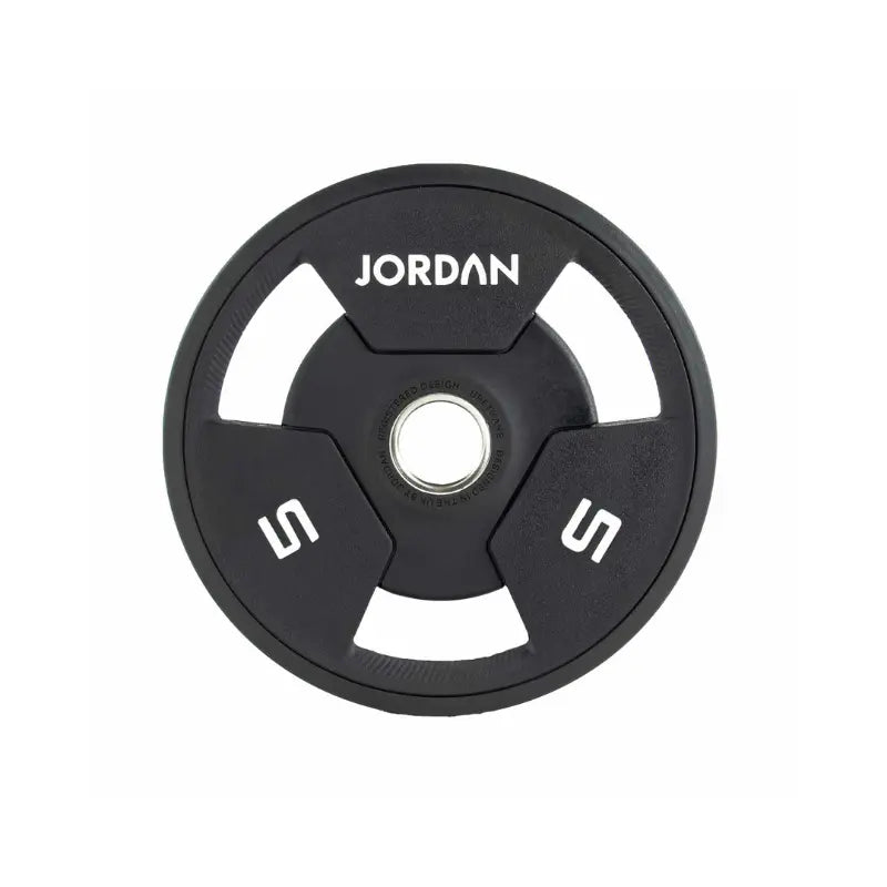 A black JORDAN Urethane Tri-Grip Weight Plate features three grip holes, JORDAN at the top, and 25 twice in white text, showing a 25kg weight. Part of the Jordan Urethane Tri-Grip Weight Plates collection.