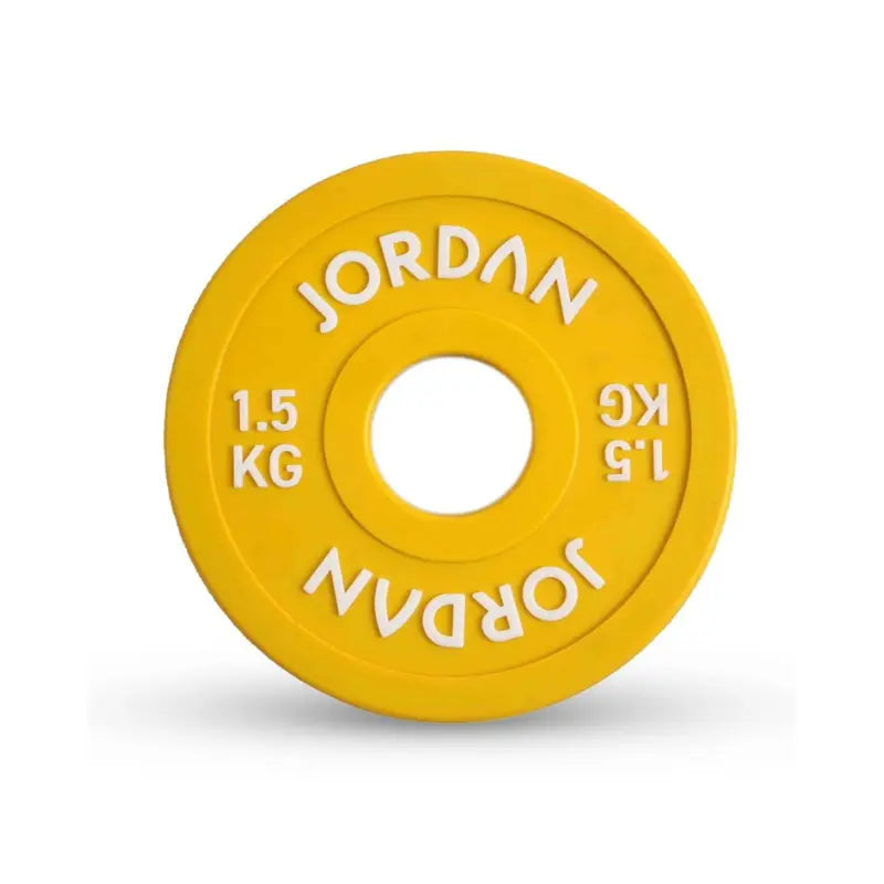 The Jordan Urethane Fractional Change Plate Set features colour-coded Olympic weight plates (0.5kg–2.5kg), including a red 2.5kg plate—ideal for micro-loading and easy weight identification on your barbell. Displayed on a white background.