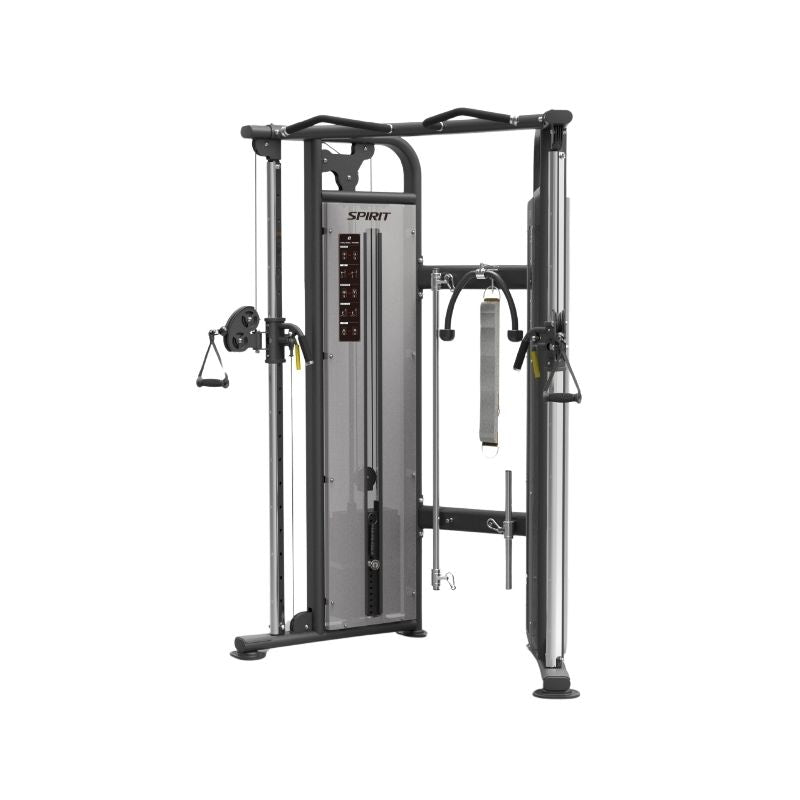 Gym cable machine with 'Spirit' branding on a white background