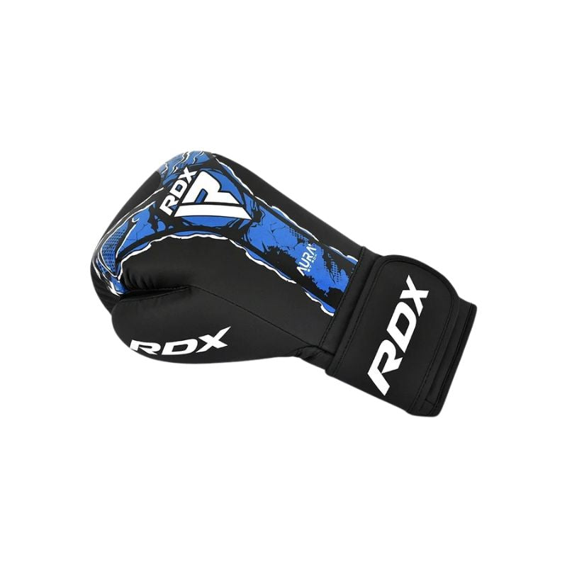 A single RDX MMA boxing glove in black with blue and white graphic accents, shown on a plain white background.